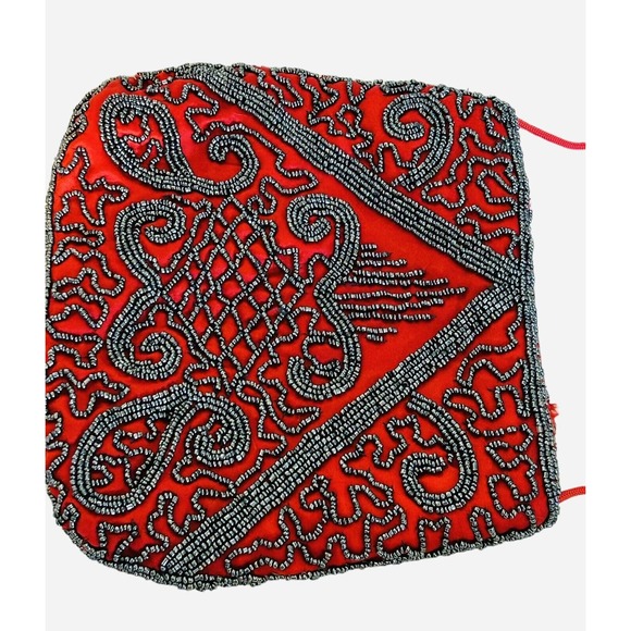 Vintage Red Satin Hematite-Gray Beaded Evening Crossbody Bag Zipper - Picture 5 of 10